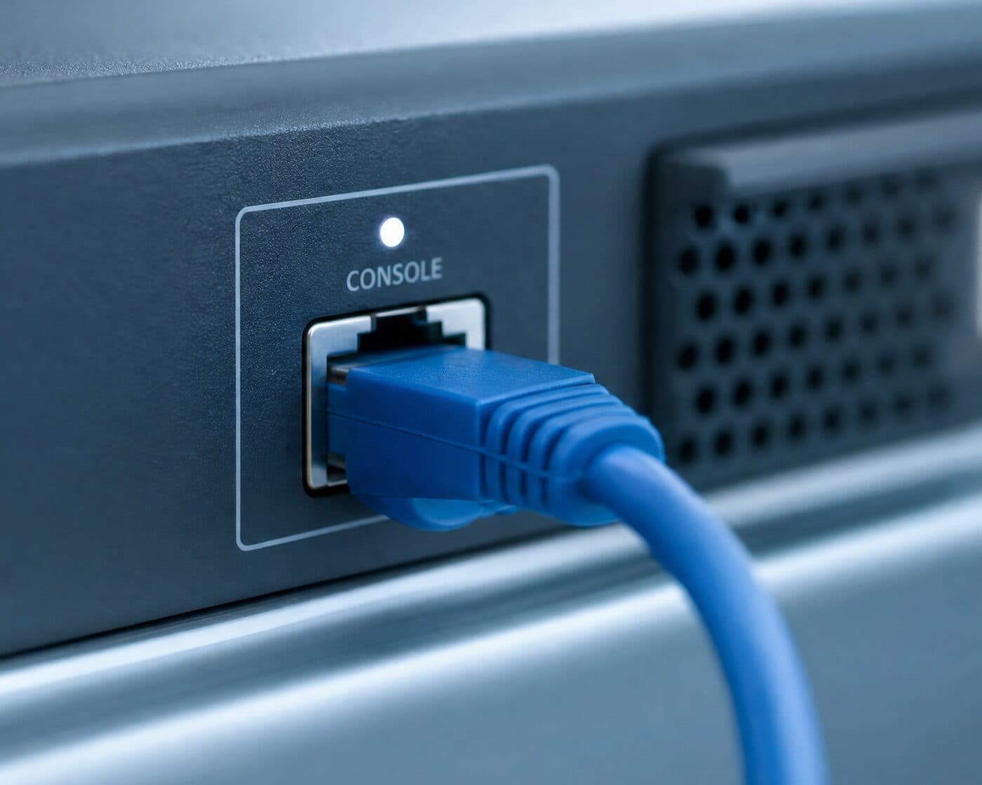 An engineer's hands seating a console cable in a rack, no face, cool blue light.