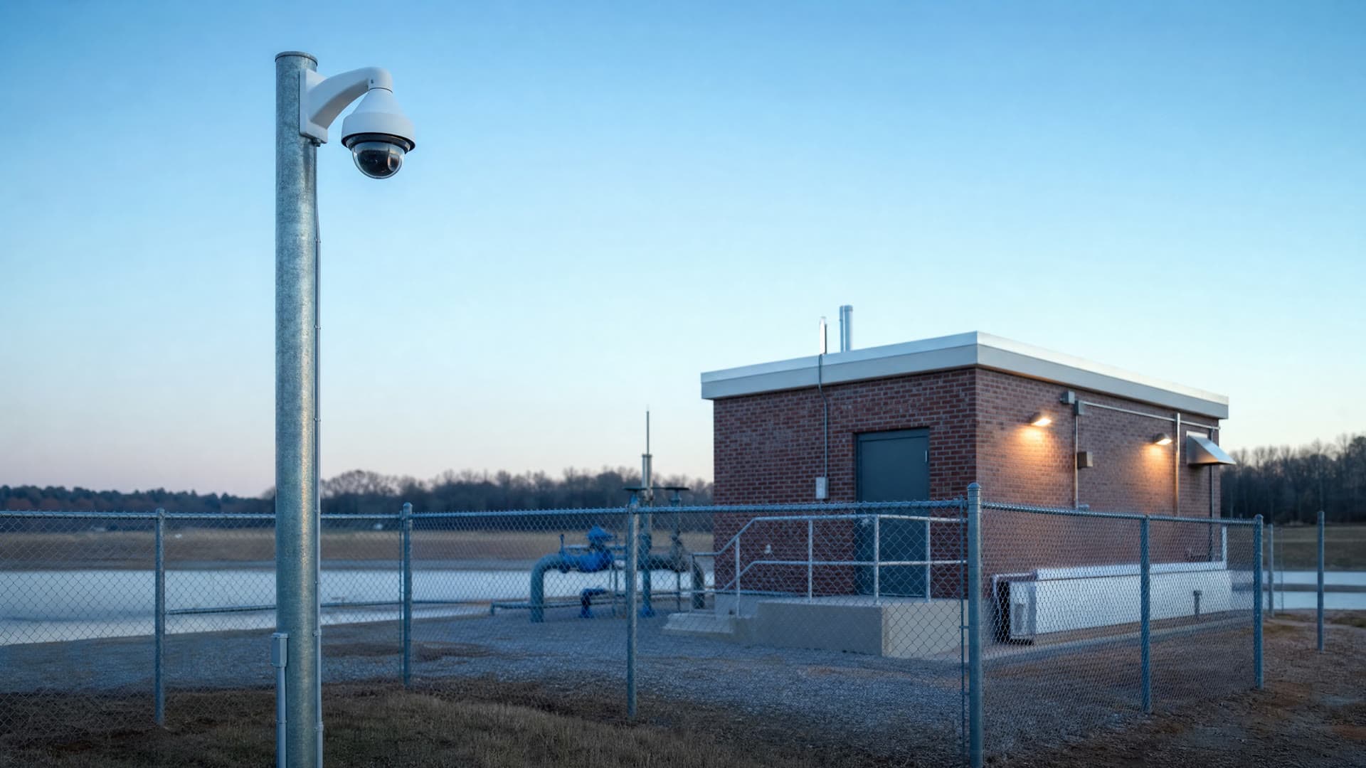 Single camera on a pole at a water lift station at dawn, wide, quiet, blue sky, no logos.