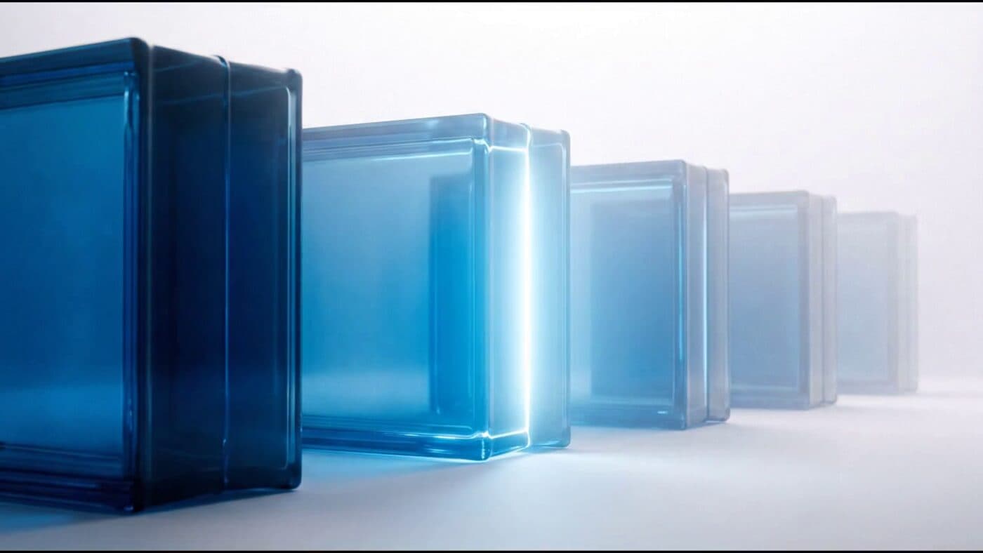 Abstract: a chain of translucent blue blocks receding into white, one block highlighted. Clean, 3D, no text.